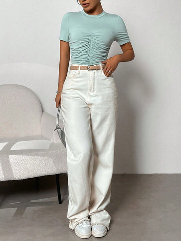 Women's Casual Curved Front Cutout And Waist Pleats Mint Green Bodysuit For Summer