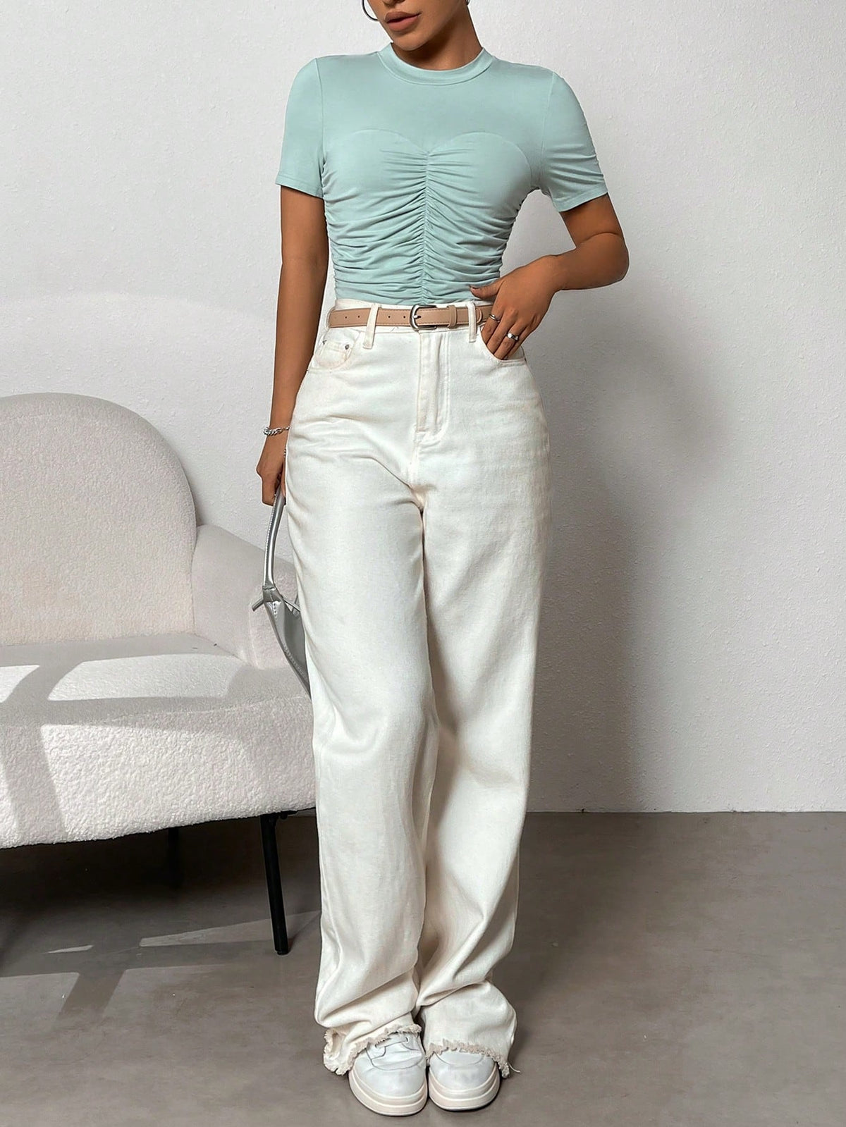 Women's Casual Curved Front Cutout And Waist Pleats Mint Green Bodysuit For Summer