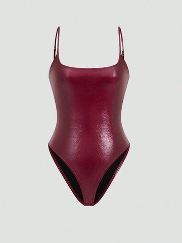 Women's Casual Elegant Spaghetti Strap PU Bodysuit
