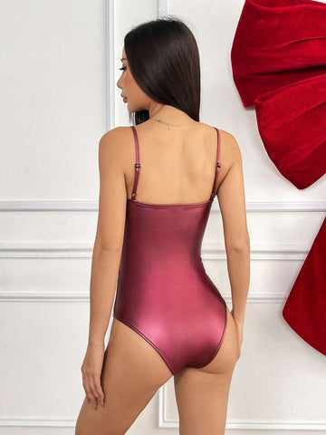 Women's Casual Elegant Spaghetti Strap PU Bodysuit