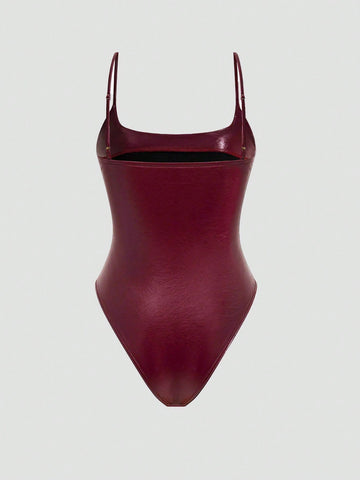 Women's Casual Elegant Spaghetti Strap PU Bodysuit