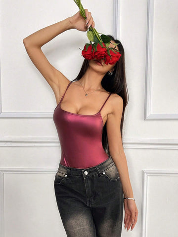 Women's Casual Elegant Spaghetti Strap PU Bodysuit