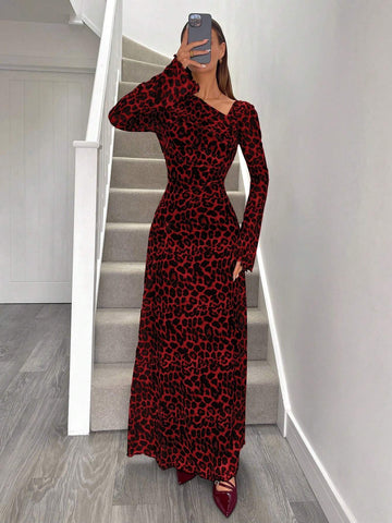 Women's Casual Fashion Asymmetrical Animal Print Leopard Print Long Sleeve Elegant Dress 20