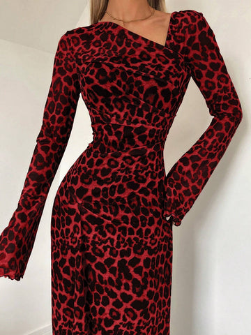 Women's Casual Fashion Asymmetrical Animal Print Leopard Print Long Sleeve Elegant Dress 20