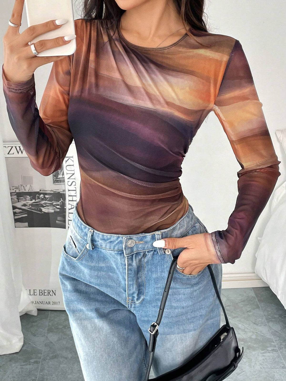 Women's Casual Fashion Pleated Mesh Floral Print Bodysuit For Summer