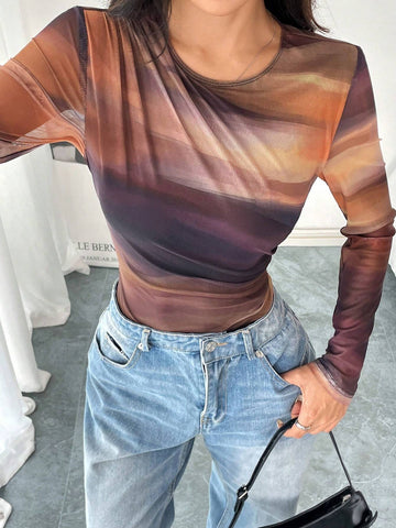 Women's Casual Fashion Pleated Mesh Floral Print Bodysuit For Summer