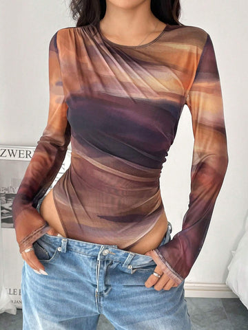 Women's Casual Fashion Pleated Mesh Floral Print Bodysuit For Summer