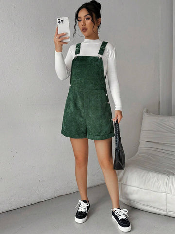 Women's Casual Fashionable Jumpsuit With Ring Shoulder Straps, Side Button And Simplistic Design