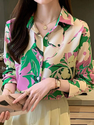 Essnce Women's Casual Floral Print Shirt, Spring & Autumn