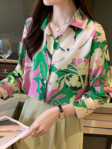 Essnce Women's Casual Floral Print Shirt, Spring & Autumn