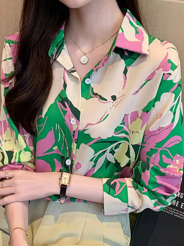 Essnce Women's Casual Floral Print Shirt, Spring & Autumn