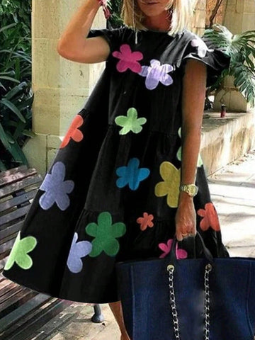 Women's Casual Hawaiian Style Multilayer A-Line Doll Dress With Yellow Flower Print, Summer