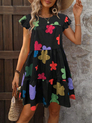 Women's Casual Hawaiian Style Multilayer A-Line Doll Dress With Yellow Flower Print, Summer