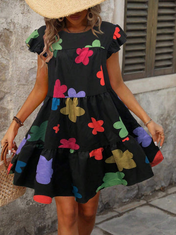 Women's Casual Hawaiian Style Multilayer A-Line Doll Dress With Yellow Flower Print, Summer