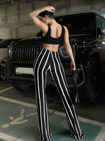 Essnce Women's Casual High Waist Color Block Striped Flare Pants