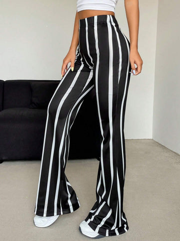 Essnce Women's Casual High Waist Color Block Striped Flare Pants