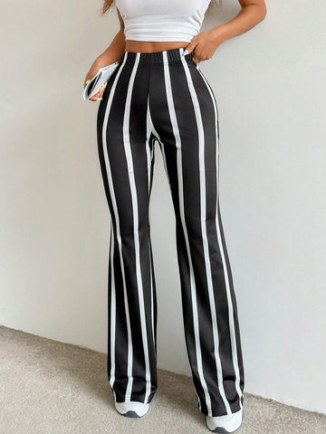 Essnce Women's Casual High Waist Color Block Striped Flare Pants