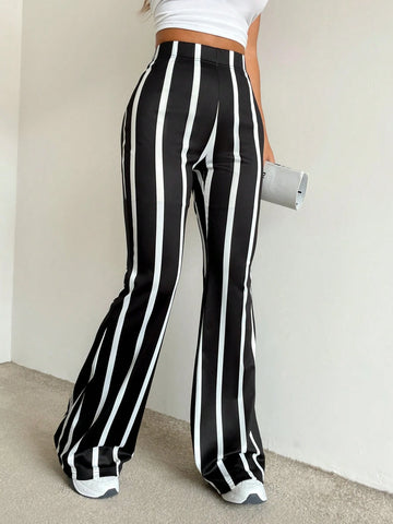 Essnce Women's Casual High Waist Color Block Striped Flare Pants