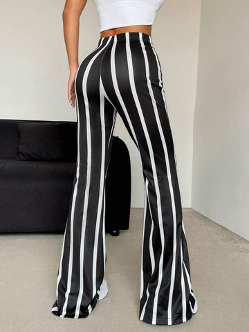 Essnce Women's Casual High Waist Color Block Striped Flare Pants