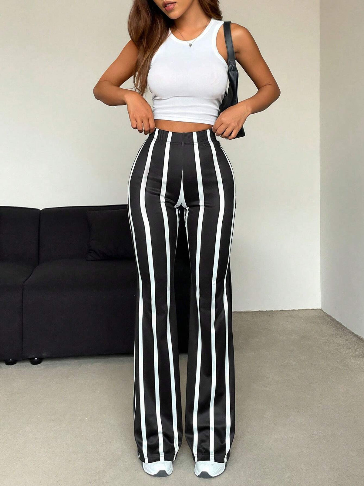 Essnce Women's Casual High Waist Color Block Striped Flare Pants
