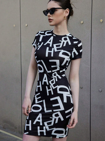 Women's Casual Holiday Letter Print Short Sleeve Bodycon Dress For Summer