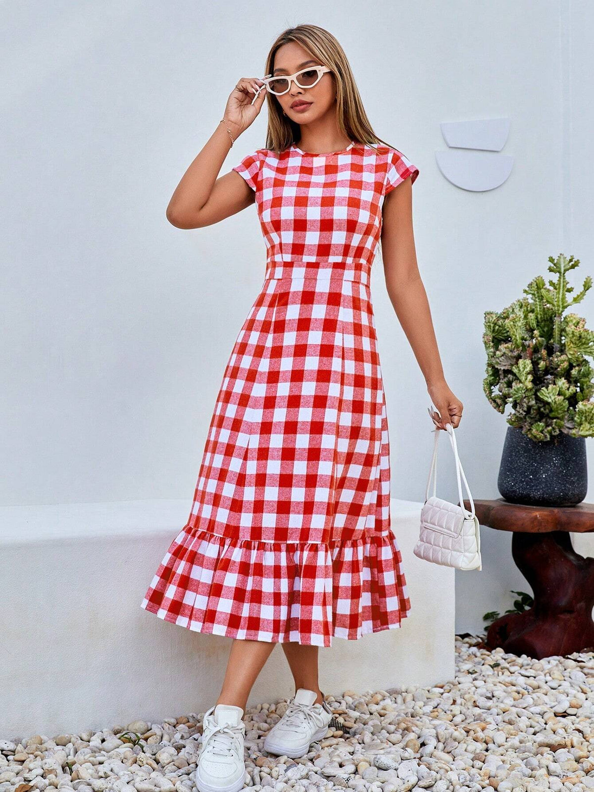 Women's Casual Holiday Plaid Ruffle Hem Dress #Easter
