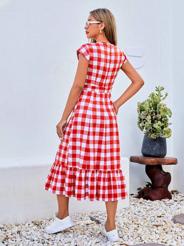 Women's Casual Holiday Plaid Ruffle Hem Dress #Easter