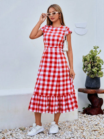 Women's Casual Holiday Plaid Ruffle Hem Dress #Easter