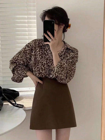 Essnce Women's Casual Leopard Print Long Sleeve Loose Blouse Top, Spring & Summer