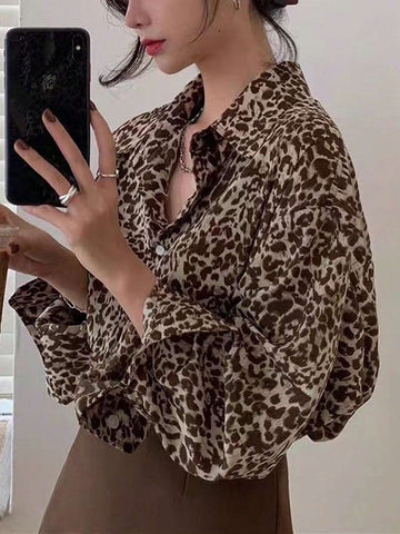Essnce Women's Casual Leopard Print Long Sleeve Loose Blouse Top, Spring & Summer
