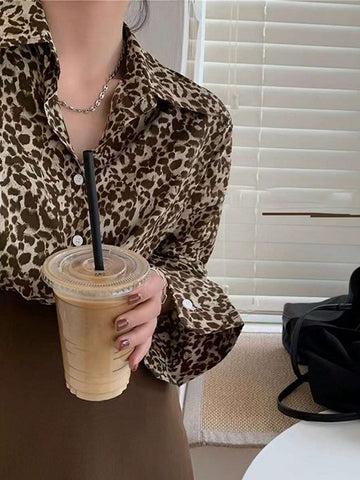 Essnce Women's Casual Leopard Print Long Sleeve Loose Blouse Top, Spring & Summer