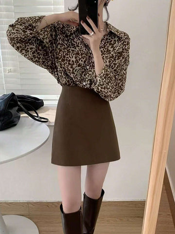 Essnce Women's Casual Leopard Print Long Sleeve Loose Blouse Top, Spring & Summer