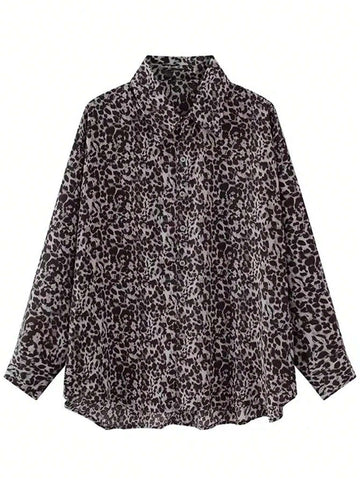 Essnce Women's Casual Leopard Print Long Sleeve Loose Blouse Top, Spring & Summer