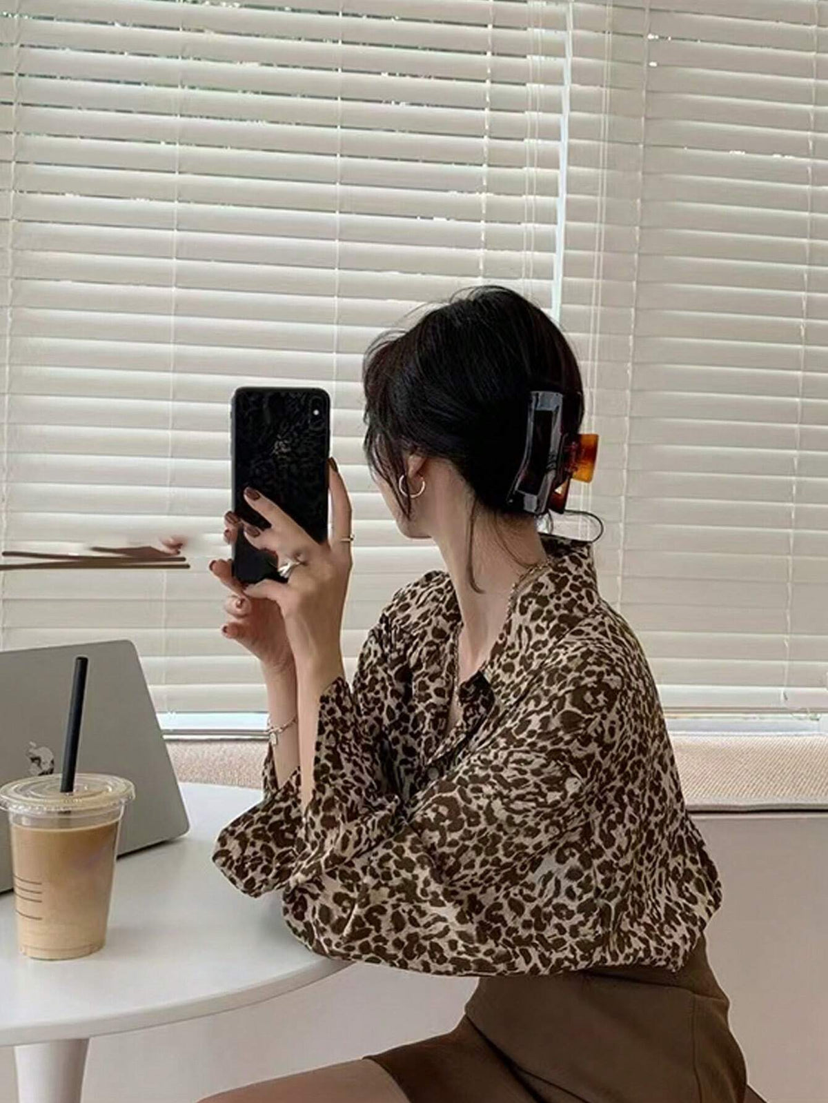 Essnce Women's Casual Leopard Print Long Sleeve Loose Blouse Top, Spring & Summer