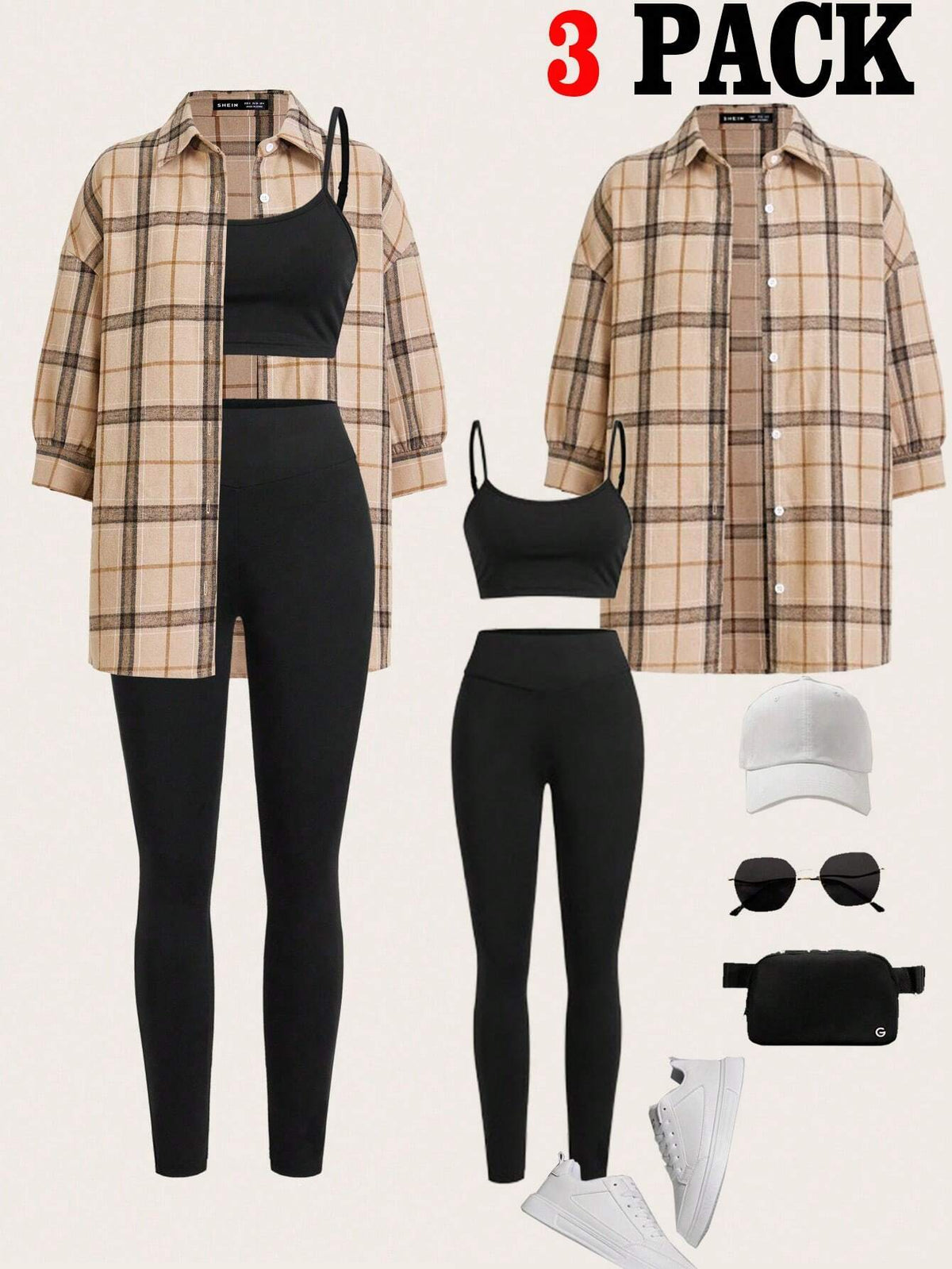 Women's Casual Light Sports Summer Outfit, Sexy & Fashionable Outdoor Cycling Tennis Travel Top Top & Compression Trousers Pants & Plaid Shirt 3pcs/Set