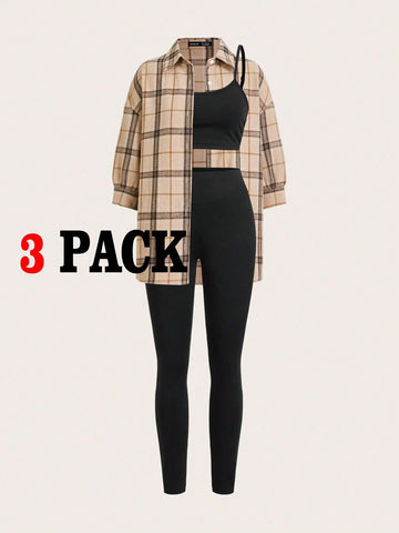 Women's Casual Light Sports Summer Outfit, Sexy & Fashionable Outdoor Cycling Tennis Travel Top Top & Compression Trousers Pants & Plaid Shirt 3pcs/Set