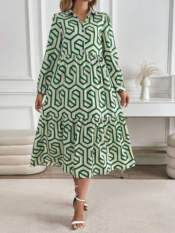 Women's Casual Long Sleeve Dress, Geometric Pattern, Elegant And Graceful, For Vacation & Outing