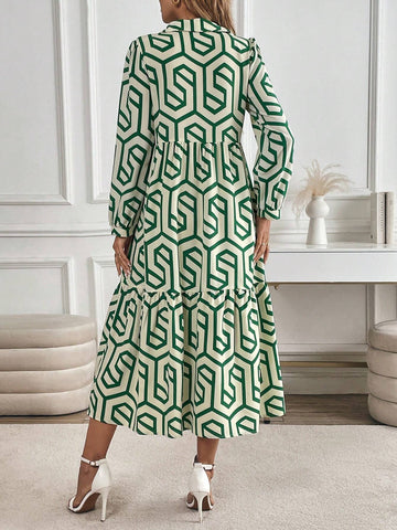 Women's Casual Long Sleeve Dress, Geometric Pattern, Elegant And Graceful, For Vacation & Outing