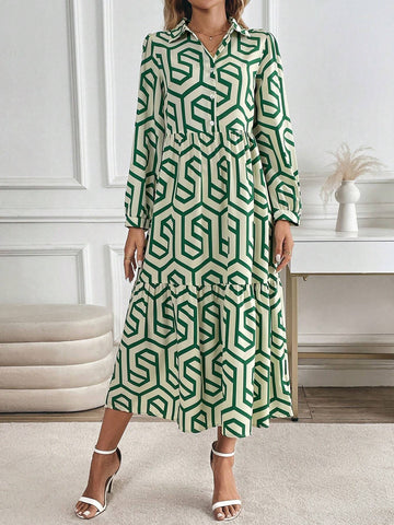 Women's Casual Long Sleeve Dress, Geometric Pattern, Elegant And Graceful, For Vacation & Outing
