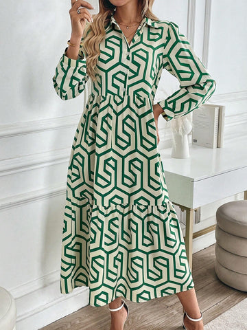 Women's Casual Long Sleeve Dress, Geometric Pattern, Elegant And Graceful, For Vacation & Outing