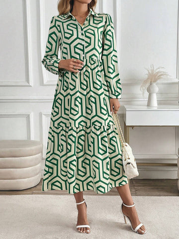 Women's Casual Long Sleeve Dress, Geometric Pattern, Elegant And Graceful, For Vacation & Outing