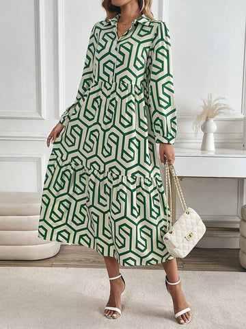 Women's Casual Long Sleeve Dress, Geometric Pattern, Elegant And Graceful, For Vacation & Outing
