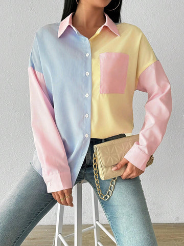 Essnce Women's Casual Multicolor Striped Patchwork Oversized Blouse, Autumn