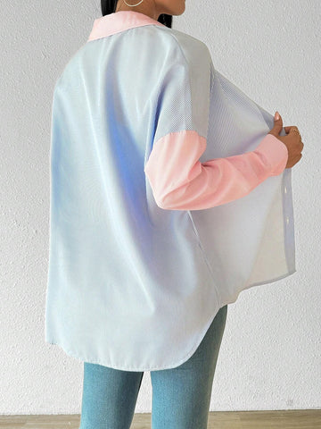 Essnce Women's Casual Multicolor Striped Patchwork Oversized Blouse, Autumn