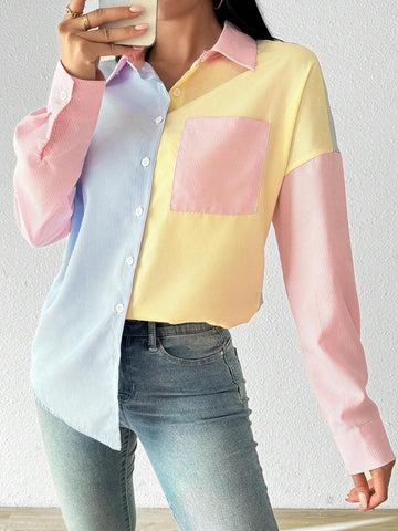 Essnce Women's Casual Multicolor Striped Patchwork Oversized Blouse, Autumn