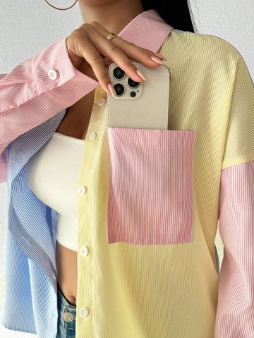 Essnce Women's Casual Multicolor Striped Patchwork Oversized Blouse, Autumn