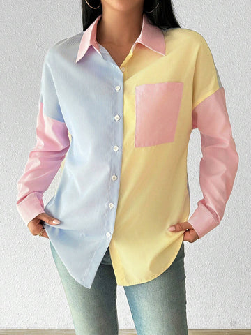 Essnce Women's Casual Multicolor Striped Patchwork Oversized Blouse, Autumn