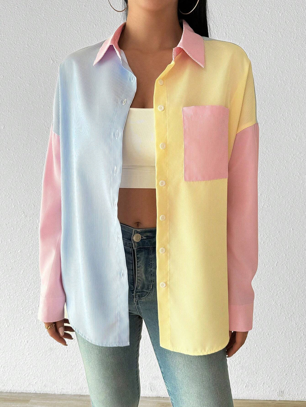 Essnce Women's Casual Multicolor Striped Patchwork Oversized Blouse, Autumn