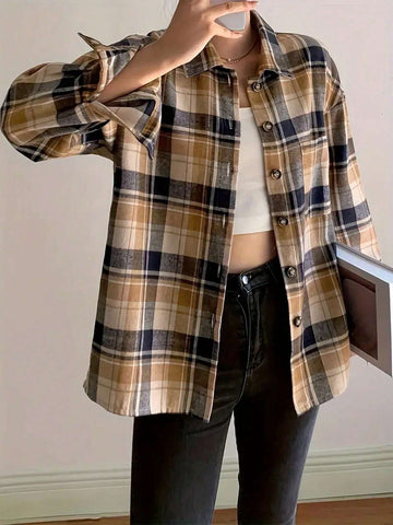 Essnce Women's Casual Plaid Long Sleeve Shirt, Spring Autumn