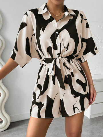 Women's Casual Random Pattern Print Bat-Wing Sleeve Loose Shirt And Shorts Playsuit